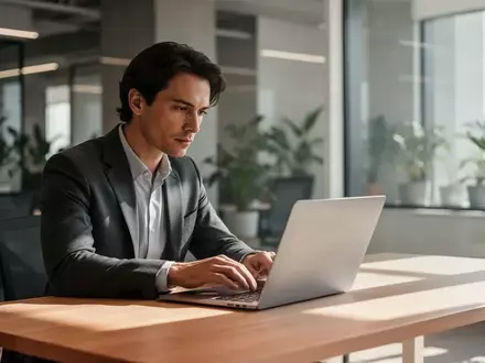 Ein konzentrierter Mitarbeiter arbeitet in einem modernen, lichtdurchfluteten Büro an einem Laptop. - Foto: über boerse-global.de