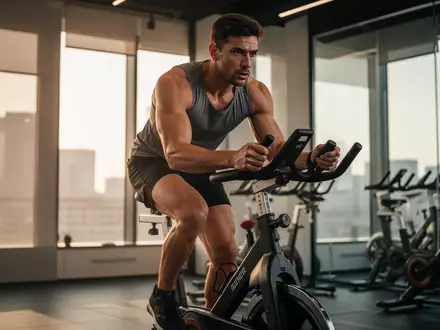 Sportler beim hochintensiven Intervalltraining auf einem stationären Fahrrad in einem modernen Fitnessstudio. - Foto: über boerse-global.de