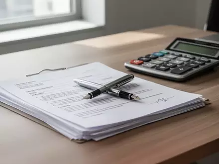 Ein Schreibtisch mit juristischen Dokumenten, einem Füllfederhalter und einem Taschenrechner in einem hellen Büro. - Foto: über boerse-global.de