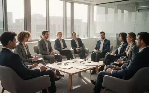 Ein Team in einem modernen Büro bei einem Strategieworkshop, Fokus auf professionelle Zusammenarbeit und Organisationsentwicklung. - Foto: über boerse-global.de