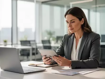 Eine Personalmanagerin arbeitet in einem modernen, hellen Büro an einem Laptop und einem Tablet. - Foto: über boerse-global.de