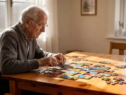 Eine ältere Person konzentriert sich in einem hellen, sonnendurchfluteten Raum auf ein Puzzle am Schreibtisch. - Foto: über boerse-global.de