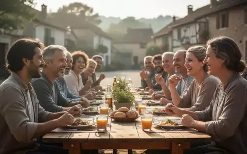 Menschen beim gemeinsamen Frühstück an einem langen Holztisch auf einem sonnigen Dorfplatz. - Foto: über boerse-global.de