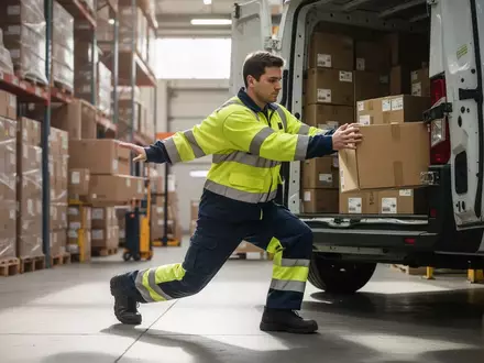 Ein Logistikmitarbeiter in Arbeitskleidung führt beim Entladen von Paketen eine ergonomische Übung aus. - Foto: über boerse-global.de