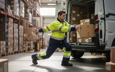 Ein Logistikmitarbeiter in Arbeitskleidung führt beim Entladen von Paketen eine ergonomische Übung aus. - Foto: über boerse-global.de