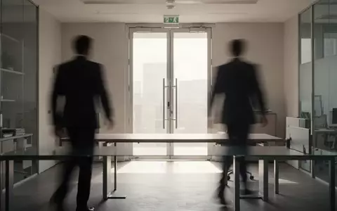 Eine Person verlässt einen modernen Büroarbeitsplatz in Richtung eines hellen Ausgangs. - Foto: über boerse-global.de