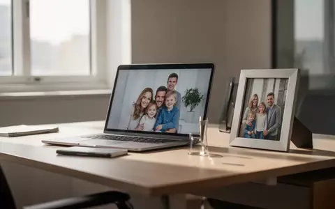 Ein moderner, sonnendurchfluteter Schreibtisch mit einem Laptop und einem Familienfoto in einem Büro. - Foto: über boerse-global.de