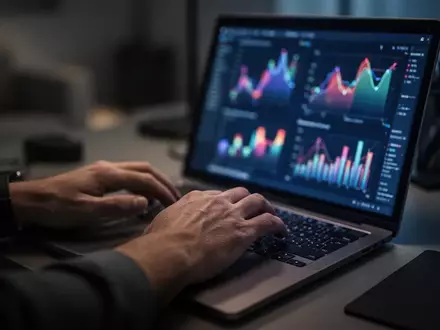 Nahaufnahme einer Person an einem Laptop in einem abgedunkelten Büro, die ein Gefühl von digitalem Betrugsrisiko vermittelt. - Foto: über boerse-global.de