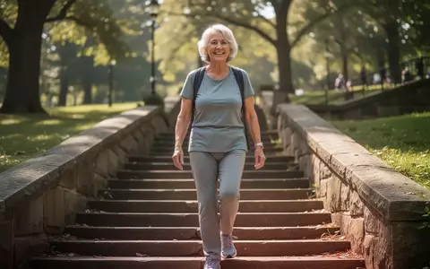 Eine ältere Person geht lächelnd eine Steintreppe im Freien hinauf, was für regelmäßige Bewegung im Alter steht. - Foto: über boerse-global.de