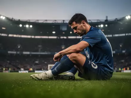 Ein Profifußballer sitzt nachdenklich und erschöpft allein auf dem Rasen in einem abgedunkelten Fußballstadion. - Foto: über boerse-global.de