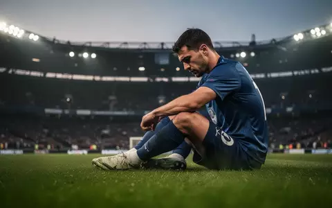 Ein Profifußballer sitzt nachdenklich und erschöpft allein auf dem Rasen in einem abgedunkelten Fußballstadion. - Foto: über boerse-global.de