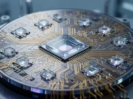 Nahaufnahme eines hochmodernen Halbleiter-Wafers mit komplexen Schaltungen und optischen Verbindungselementen in einem Reinraum. - Foto: über boerse-global.de