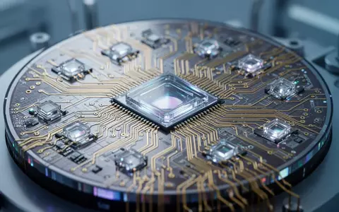 Nahaufnahme eines hochmodernen Halbleiter-Wafers mit komplexen Schaltungen und optischen Verbindungselementen in einem Reinraum. - Foto: über boerse-global.de
