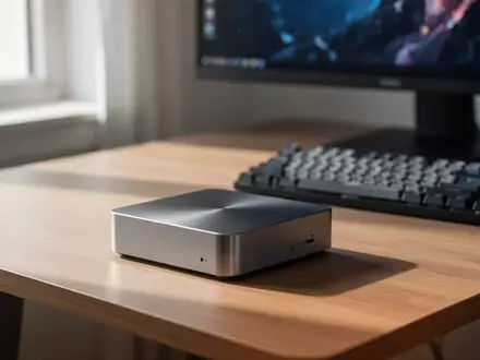 Ein kompakter Mini-PC auf einem modernen Schreibtisch in einem hellen Büro, Fokus auf das minimalistische Hardware-Design. - Foto: über boerse-global.de