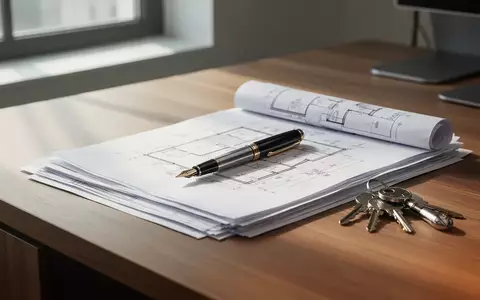 Schreibtisch mit Bauplänen und Hausschlüsseln bei natürlichem Lichteinfall als Symbol für Immobilienplanung. - Foto: über boerse-global.de