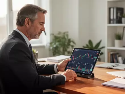 Ein professioneller Anleger blickt in einem modernen Büro nachdenklich auf ein Tablet mit Finanzgrafiken. - Foto: über boerse-global.de