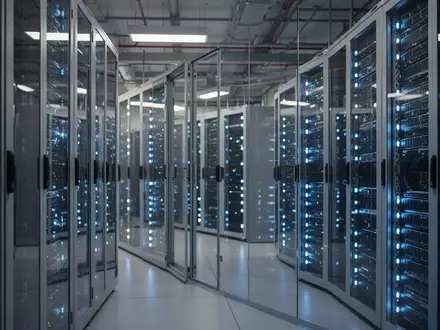 Moderne Server-Infrastruktur in einem Rechenzentrum mit blau leuchtenden Server-Racks. - Foto: über boerse-global.de