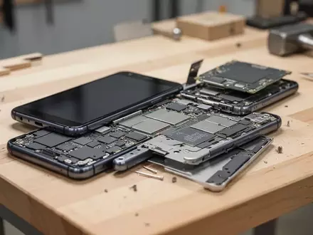 Ein modulares Smartphone liegt zur Reparatur auf einem Holztisch, wobei die einzelnen Komponenten sichtbar sind. - Foto: über boerse-global.de