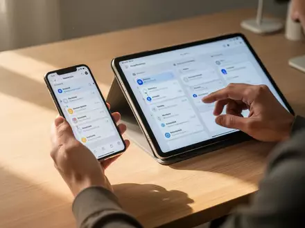 Person bei der Arbeit mit einem Smartphone und Tablet an einem minimalistischen Schreibtisch. - Foto: über boerse-global.de