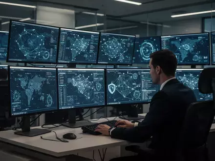 Ein IT-Sicherheitsexperte überwacht in einem modernen Kontrollzentrum komplexe Netzwerkdaten auf mehreren Bildschirmen. - Foto: über boerse-global.de