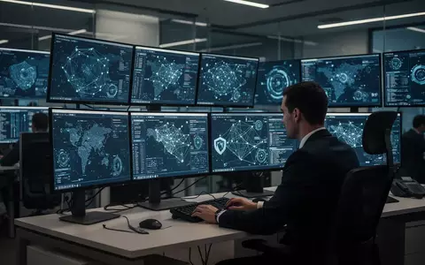 Ein IT-Sicherheitsexperte überwacht in einem modernen Kontrollzentrum komplexe Netzwerkdaten auf mehreren Bildschirmen. - Foto: über boerse-global.de