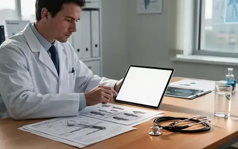 Ein Arzt betrachtet in einem modernen, hellen Büro medizinische Daten auf einem Tablet, während ein Stethoskop auf dem Tisch liegt. - Foto: über boerse-global.de