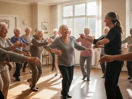Eine Gruppe älterer Menschen nimmt an einem Tanzworkshop in einem hellen Saal teil, um ihre kognitive Gesundheit zu fördern. - Foto: über boerse-global.de