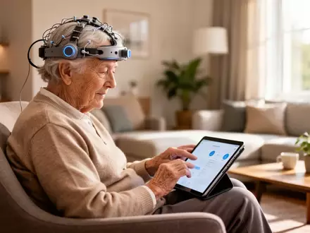 Ein Patient mit einem EEG-Headset nutzt ein Tablet zur kognitiven Überwachung in einer häuslichen Umgebung. - Foto: über boerse-global.de