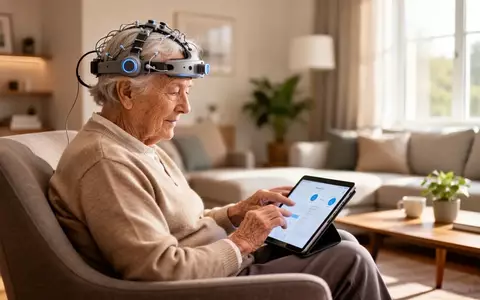Ein Patient mit einem EEG-Headset nutzt ein Tablet zur kognitiven Überwachung in einer häuslichen Umgebung. - Foto: über boerse-global.de