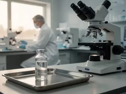 Ein medizinisches Forschungslabor mit einem gläsernen Impfstofffläschchen auf einem Edelstahltablett neben einem Mikroskop. - Foto: über boerse-global.de