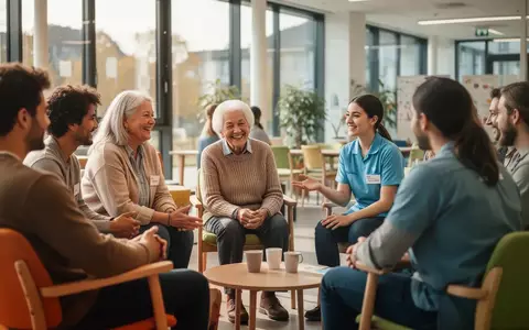 Eine diverse Gruppe von Menschen, die in einem hellen Frankfurter Gemeinschaftszentrum in einem Kreis zusammensitzen und sich unterhalten. - Foto: ĂĽber boerse-global.de