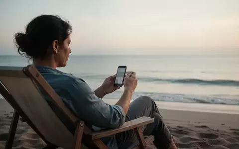Eine Person am Strand hält ein Smartphone in der Hand, während sie auf den Horizont blickt. - Foto: über boerse-global.de