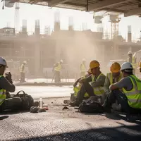 Bauarbeiter in Warnkleidung suchen bei starker Hitze im Schatten Schutz auf einer Baustelle. - Foto: über boerse-global.de