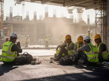 Bauarbeiter in Warnkleidung suchen bei starker Hitze im Schatten Schutz auf einer Baustelle. - Foto: über boerse-global.de