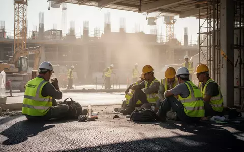 Bauarbeiter in Warnkleidung suchen bei starker Hitze im Schatten Schutz auf einer Baustelle. - Foto: über boerse-global.de