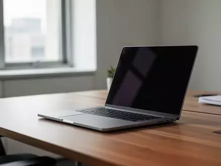 Moderner, minimalistischer Arbeitsplatz mit einem Laptop auf einem Schreibtisch bei natürlichem Licht. - Foto: über boerse-global.de