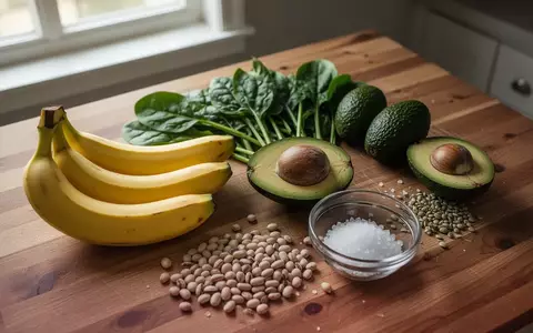 Frische, kaliumreiche Lebensmittel wie Obst und Gemüse neben einer kleinen Schale mit Salz auf einem Holztisch. - Foto: über boerse-global.de