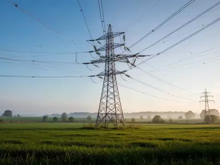Hochspannungsmast auf einem grünen Feld bei klarem Himmel. - Foto: über boerse-global.de