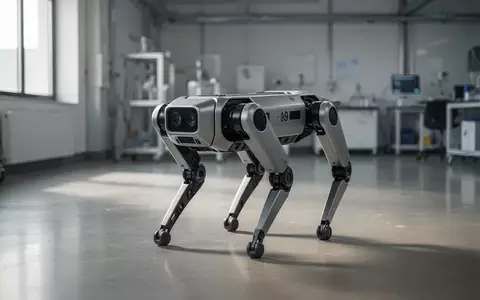 Ein vierbeiniger Roboterhund steht in einem modernen, hellen Forschungslabor auf einem Betonboden. - Foto: über boerse-global.de