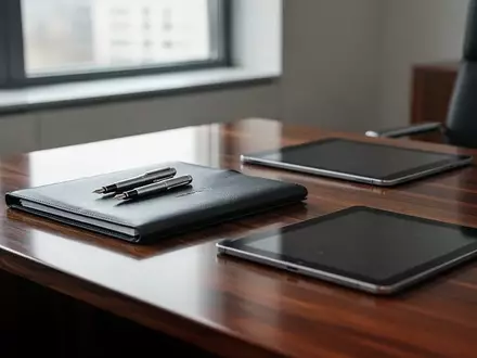 Ein minimalistischer Schreibtisch in einer Anwaltskanzlei mit einem Füllfederhalter und einer Aktenmappe bei Tageslicht. - Foto: über boerse-global.de