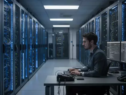 Ein IT-Sicherheitsspezialist arbeitet in einem modernen, professionell beleuchteten Rechenzentrum an einer Serverinfrastruktur. - Foto: über boerse-global.de
