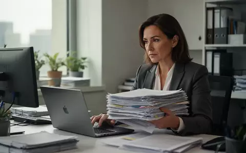 Eine Person im Büro arbeitet an einem Laptop, während sie gleichzeitig einen Stapel Papierdokumente hält. - Foto: über boerse-global.de