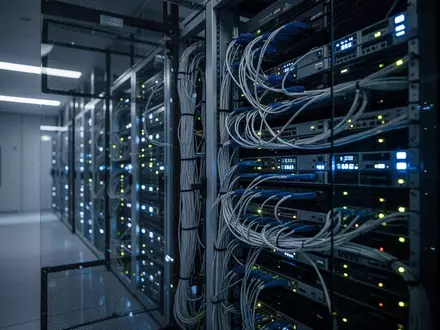 Moderne Serveranlage in einem Rechenzentrum mit leuchtenden Statusanzeigen und komplexer Verkabelung. - Foto: über boerse-global.de