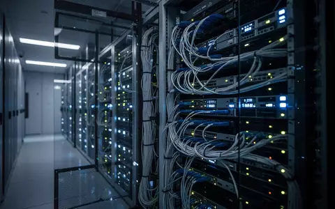 Moderne Serveranlage in einem Rechenzentrum mit leuchtenden Statusanzeigen und komplexer Verkabelung. - Foto: über boerse-global.de