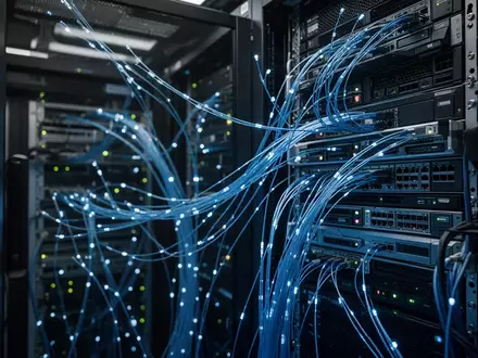 Moderne Serveranlage in einem Rechenzentrum mit blau leuchtenden Glasfaserkabeln und technischer Hardware. - Foto: über boerse-global.de