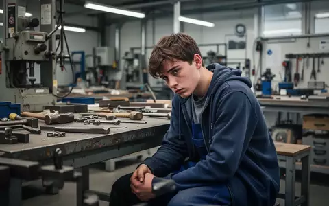 Ein erschöpfter Auszubildender sitzt nachdenklich an einem Werkplatz in einer Werkstatt. - Foto: über boerse-global.de