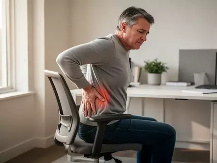 Eine Person mit Rückenbeschwerden sitzt an einem Schreibtisch in einem hellen, modernen Büro. - Foto: über boerse-global.de