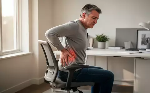 Eine Person mit Rückenbeschwerden sitzt an einem Schreibtisch in einem hellen, modernen Büro. - Foto: über boerse-global.de
