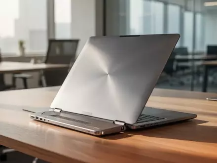 Ein moderner Laptop auf einem hölzernen Schreibtisch in einem hellen, professionell eingerichteten Büro. - Foto: über boerse-global.de