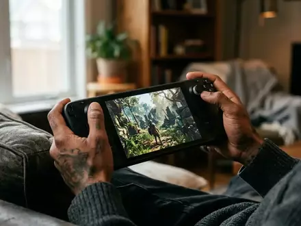 Nahaufnahme einer Handheld-Konsole, auf der ein PC-Spiel läuft, in einer natürlich beleuchteten Umgebung. - Foto: über boerse-global.de